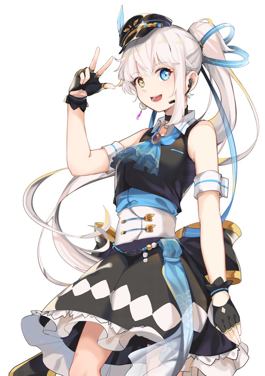 1girl, :d, arm_up, ascot, black_gloves, black_headwear, black_shirt, black_skirt