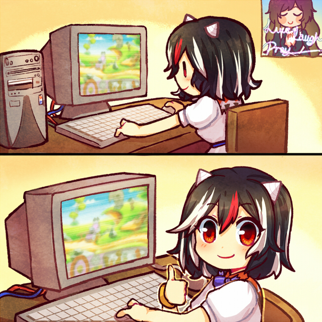 1girl, black_hair, bracelet, brent_rambo_(meme), chair, closed_mouth, commentary, commission, computer, english_commentary, hijiri_byakuren, horns, indoors, jewelry, kataro, keyboard_(computer), kijin_seija, looking_at_viewer, meme, multicolored_hair, poster_(object), red_eyes, redhead, short_hair, short_sleeves, sitting, smile, solo, streaked_hair, thumbs_up, touhou, upper_body, white_hair