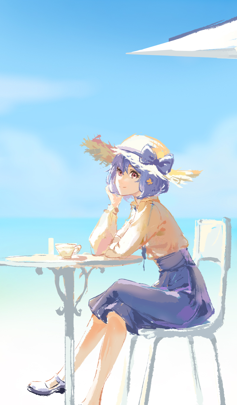 1girl, :q, bare_arms, black_dress, blue_bow, bow, breasts, brown_hair, character_request, closed_mouth, collarbone, dress, drinking_straw, hair_bow, highres, holding, leaning_forward, medium_hair, ren_fuzi, shiny, shiny_hair, short_dress, simple_background, sleeveless, sleeveless_dress, small_breasts, smile, solo, standing, tongue, tongue_out, white_background, yellow_eyes