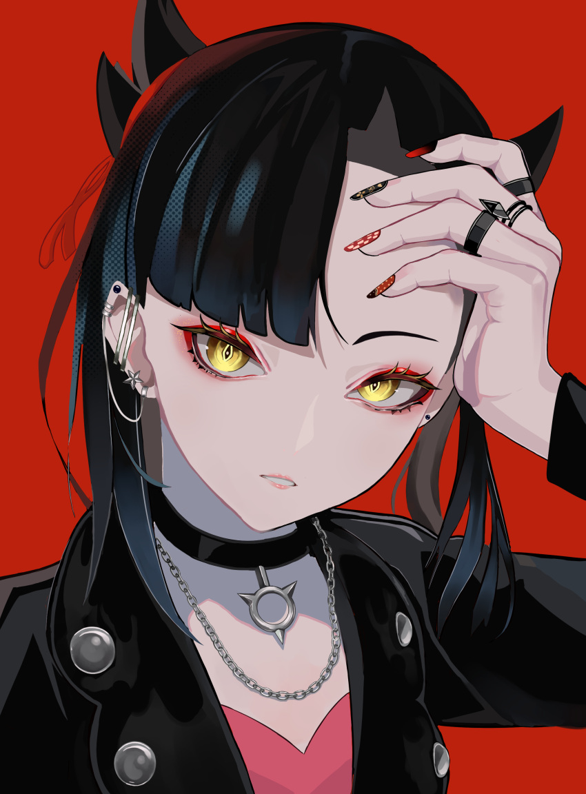 1girl, absurdres, arm_up, asymmetrical_bangs, bangs, black_choker, black_hair, black_jacket