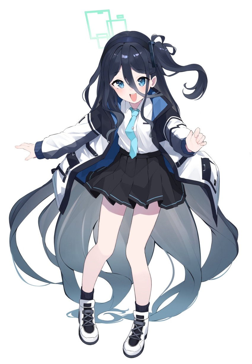 1girl, :d, aris_(blue_archive), bangs, beko_(beco_1122), black_hairband, black_skirt, black_socks