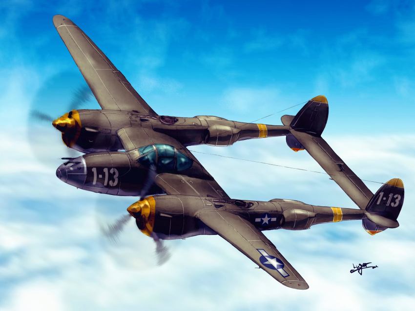 above_clouds, aircraft, airplane, artist_name, blue_sky, clouds, cloudy_sky, commentary_request, day, flying, highres, luger_oni-jun'i, military, motion_blur, original, outdoors, p-38_lightning, roundel, signature, sky, vehicle_focus, world_war_ii