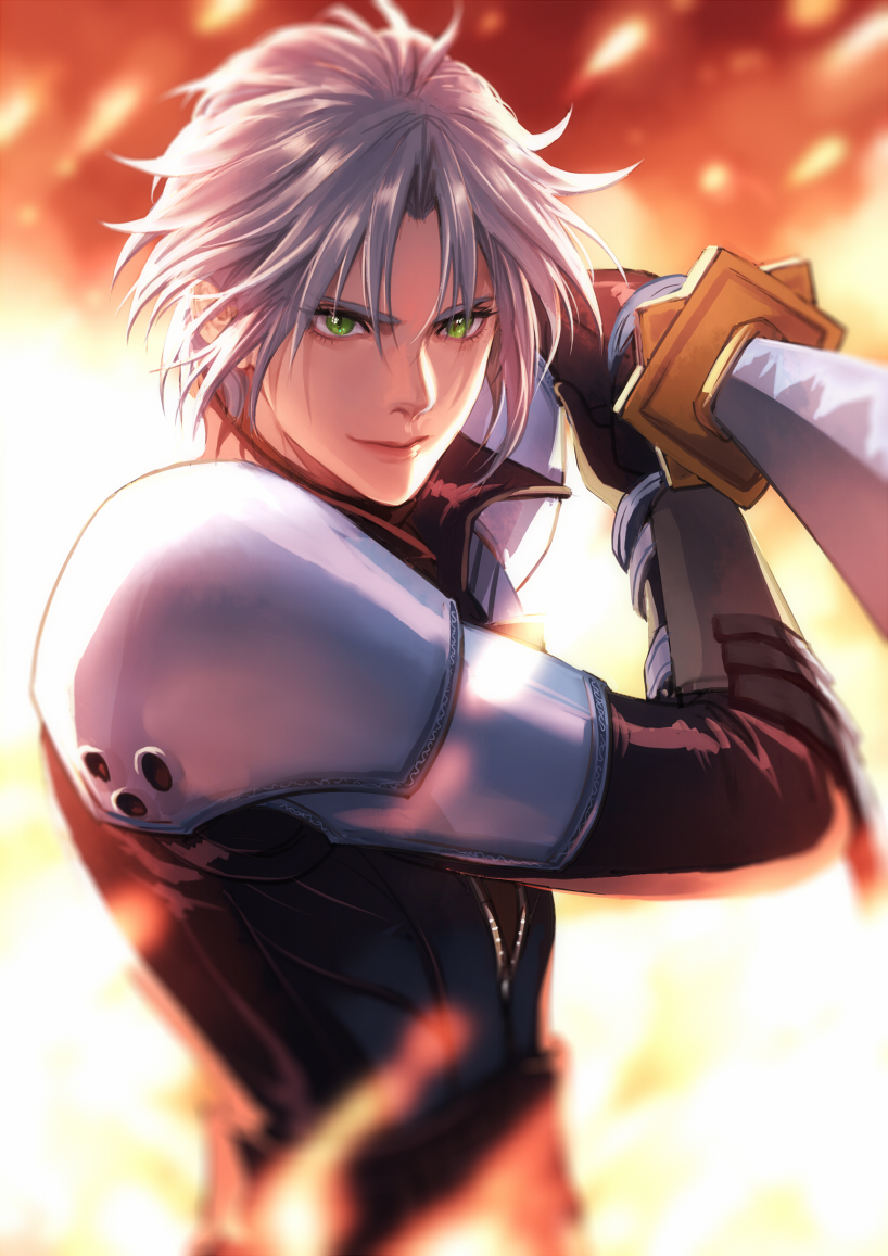 1boy, aged_down, armor, bangs, black_gloves, black_jacket, blurry, blurry_foreground, eilinna, fiery_background, fighting_stance, final_fantasy, final_fantasy_vii, final_fantasy_vii_ever_crisis, final_fantasy_vii_remake, fire, gloves, green_eyes, grey_hair, high_collar, holding, holding_sword, holding_weapon, jacket, long_sleeves, looking_at_viewer, male_focus, masamune_(ff7), parted_bangs, sephiroth, short_hair, shoulder_armor, slit_pupils, smile, solo, sword, upper_body, weapon