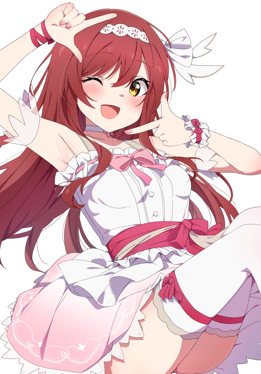 1girl, ;d, absurdres, armpits, blush, brown_hair, commentary_request, dress