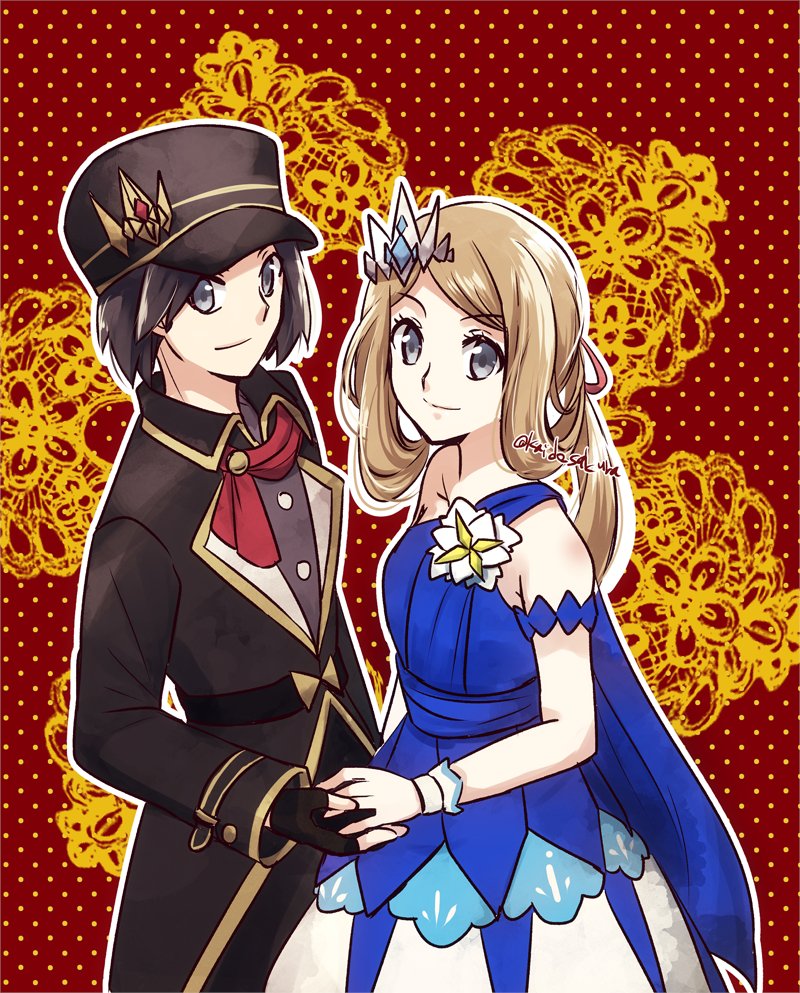 1boy, 1girl, black_hair, black_headwear, blonde_hair, blue_dress, calem_(champion)_(pokemon), calem_(pokemon)