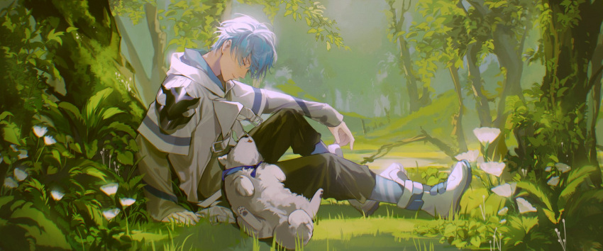 1boy, against_tree, animal, bad_id, bad_twitter_id, black_pants, blue_eyes, blue_hair