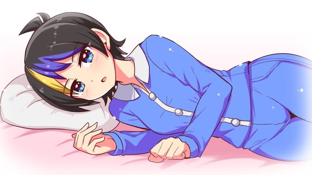 1girl, alesro_(beatus_creation), bangs, beatus_creation, bed_sheet, black_hair, blonde_hair, blue_eyes