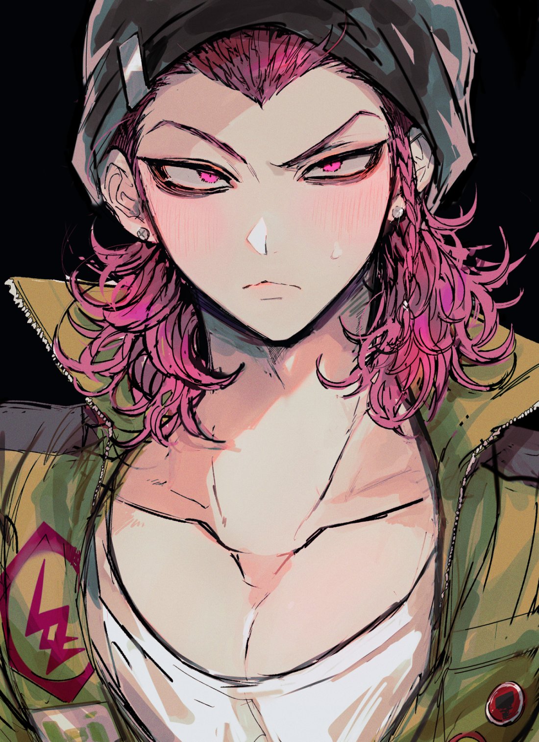 1boy, bangs, black_background, black_headwear, blush, braid, collarbone, danganronpa_(series)