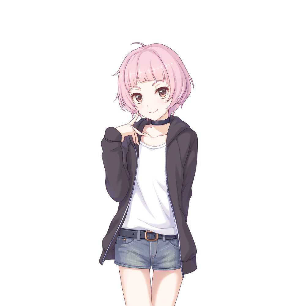belt, black_belt, black_choker, bob_cut, brown_jacket, choker, finger_to_mouth, jacket