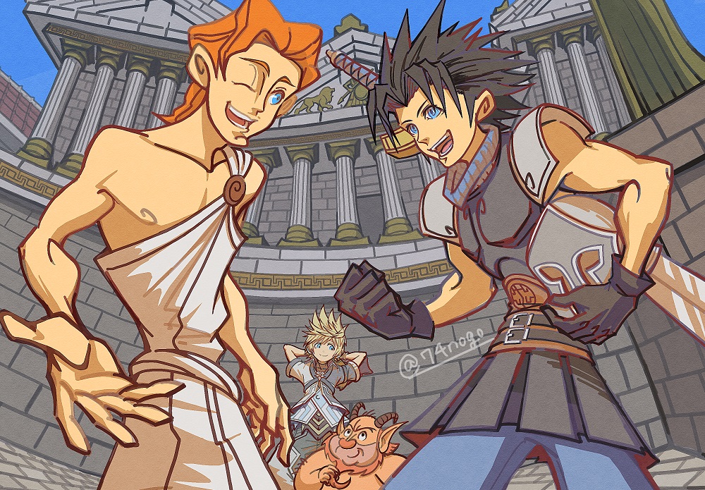 4boys, 74nogo, armor, arms_behind_head, belt, black_gloves, black_hair, black_tunic, blonde_hair, blue_eyes, blue_pants, blue_sky, brick_wall, clenched_hand, colosseum, column, cowboy_shot, crisis_core_final_fantasy_vii, final_fantasy, final_fantasy_vii, gloves, goat_horns, greece, greek_clothes, hair_slicked_back, helmet, hercules_(disney), holding, holding_helmet, horns, kingdom_hearts, kingdom_hearts_birth_by_sleep, male_focus, multiple_belts, multiple_boys, one_eye_closed, open_mouth, orange_hair, outdoors, pants, philoctetes, pillar, satyr, short_sleeves, shoulder_armor, sky, smile, spiky_hair, sword, toga, toned, toned_male, ventus_(kingdom_hearts), weapon, weapon_on_back, zack_fair