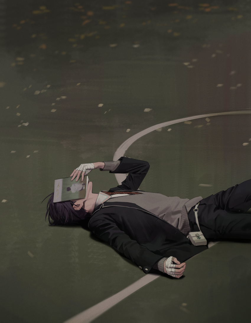 1boy, bandaged_hand, bandages, black_jacket, black_pants, blazer, book, covering_face, feet_out_of_frame, grey_sweater, grey_vest, haero, highres, holding, holding_book, jacket, kenmochi_touya, lying, necktie, nijisanji, on_back, pants, photo-referenced, pouch, purple_hair, red_necktie, school_uniform, shirt, solo, sweater, vest, virtual_youtuber, white_shirt