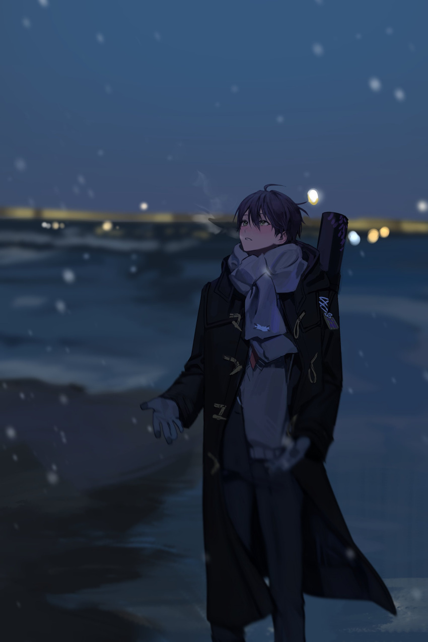 1boy, absurdres, black_coat, black_pants, blue_gloves, blue_scarf, blue_sweater, coat, gloves, green_eyes, haero, highres, kenmochi_touya, looking_up, male_focus, night, nijisanji, outdoors, pants, photo-referenced, purple_hair, scarf, school_uniform, shore, snow, solo, standing, sweater, virtual_youtuber, weapon_bag