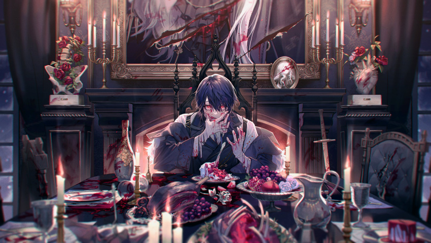 1boy, bandaged_arm, bandages, banquet, blood, blood_on_clothes, blue_vest, bone