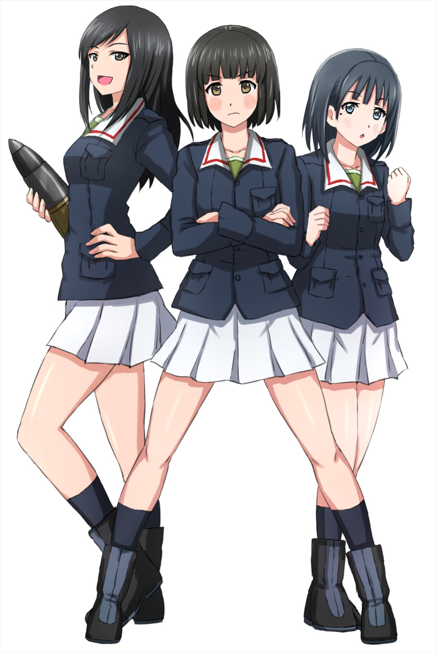 3girls, :o, alternate_costume, bangs, black_eyes, black_footwear, black_hair, black_socks