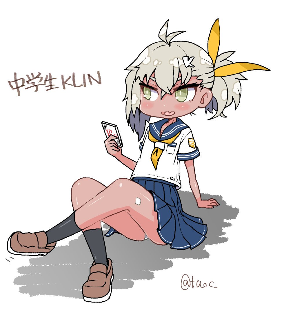 1girl, ahoge, ascot, bandage_on_leg, black_socks, blue_sailor_collar, blue_skirt, blush