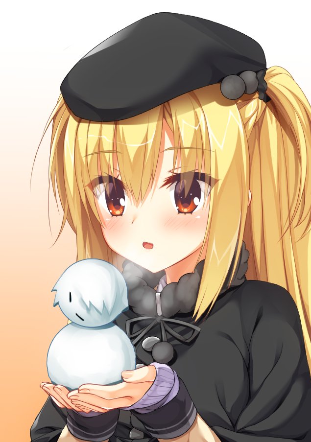 1girl, 8kumagawa_(log), :3, arihara_nanami, arihara_satoru, bangs, beret, black_coat, black_hairband, black_headwear, black_ribbon, blonde_hair, blush, breathing, coat, eyelashes, fingernails, fringe_trim, gradient, gradient_background, hair_between_eyes, hair_strand, hairband, hat, holding_snowball, long_hair, long_sleeves, looking_at_object, open_mouth, red_eyes, ribbon, riddle_joker, short_twintails, sidelocks, simple_background, snowman, solo, steam, twintails, two_side_up, winter, winter_clothes, yuzu-soft