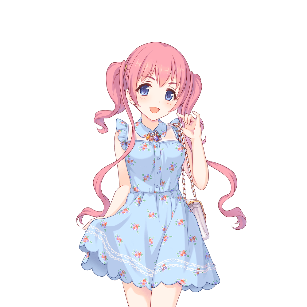 bag, blue_dress, dress, floral_dress, floral_print, long_hair, looking_ahead, looking_at_viewer, official_art, pink_hair, princess_connect!, shoulder_bag, transparent_background, tsumugi_(princess_connect!), twintails, violet_eyes