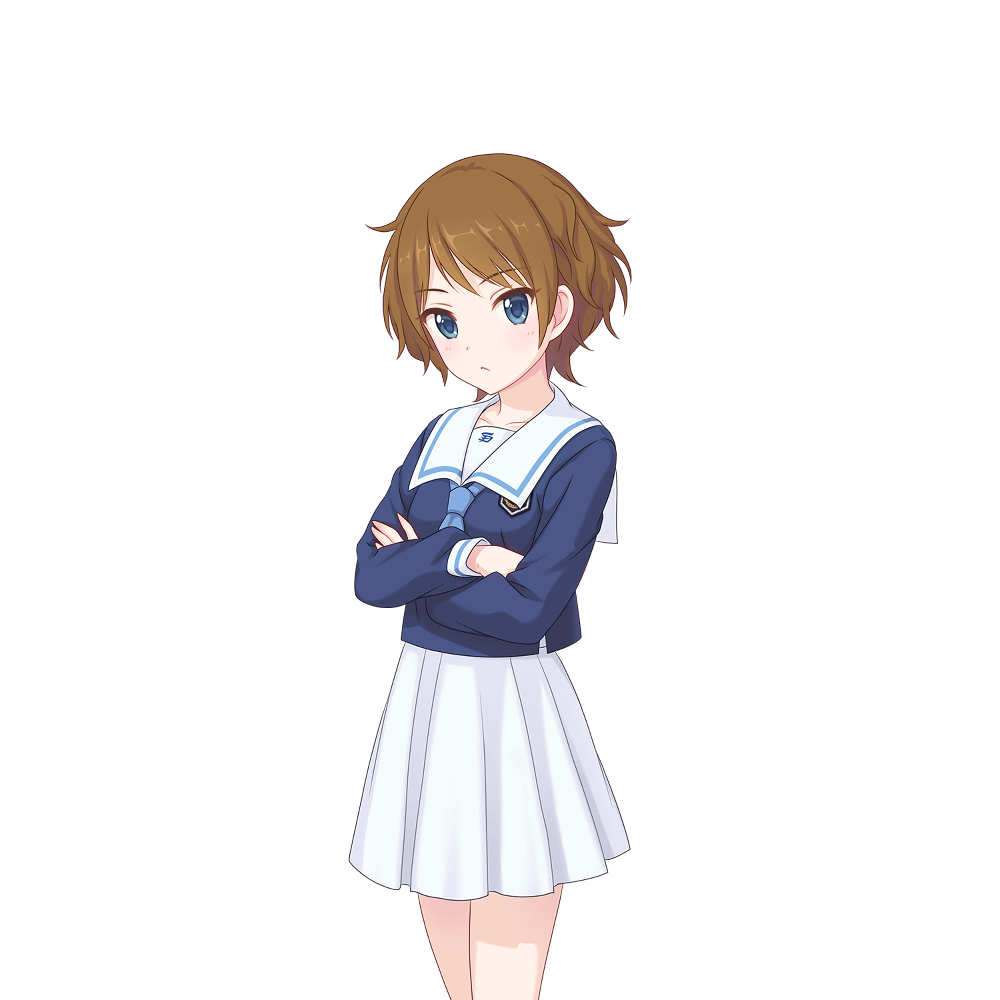 blue_eyes, blue_jacket, brown_hair, crossed_arms, jacket, looking_at_viewer, medium_hair, official_art