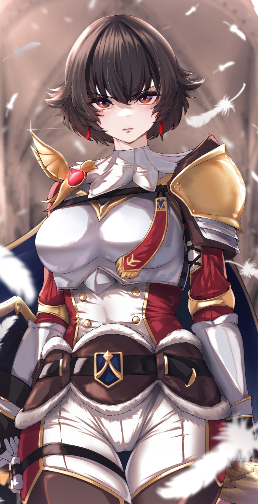1girl, absurdres, armor, belt, breastplate, breasts, brown_hair, cape