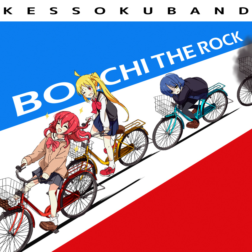 3girls, absurdres, album_cover, album_cover_redraw, bicycle, bicycle_basket, black_sweater, black_vest, blonde_hair, blue_hair, blue_skirt, bocchi_the_rock!, bow, brown_footwear, brown_sweater, closed_eyes, commentary, copyright_name, cover, derivative_work, exhausted, goumonsha, ground_vehicle, hair_between_eyes, happy, highres, ijichi_nijika, kita_ikuyo, kraftwerk, loafers, long_hair, long_sleeves, mole, mole_under_eye, multicolored_background, multiple_girls, one_eye_closed, open_mouth, pantyhose, parody, pleated_skirt, red_bow, red_eyes, red_footwear, redhead, riding, riding_bicycle, sailor_collar, shaded_face, shirt, shoes, side_ponytail, simple_background, skirt, smile, smoke, sneakers, socks, sparkle, sweat, sweater, very_long_hair, vest, white_sailor_collar, white_shirt, yamada_ryou, yellow_eyes