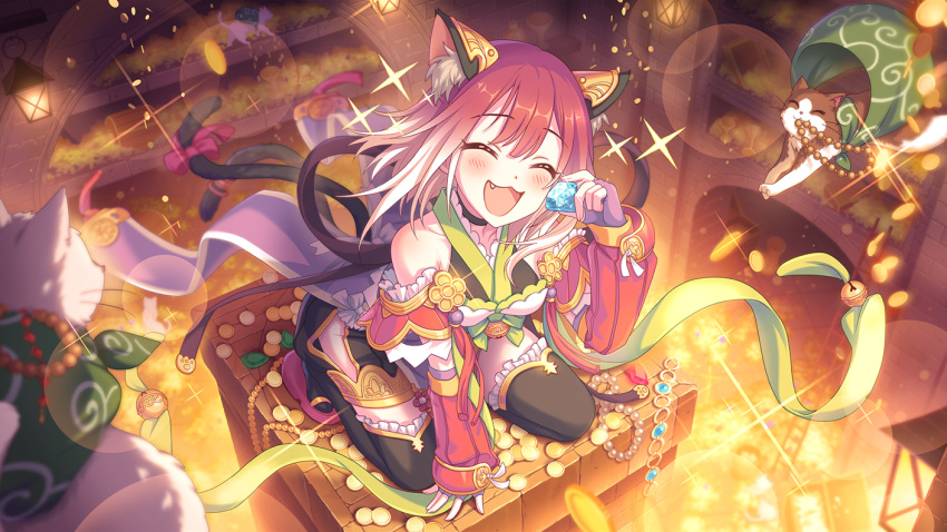 animal_ears, black_thighhighs, blue_gemstone, cat_ears, cat_tail, closed_eyes, gem, kneeling