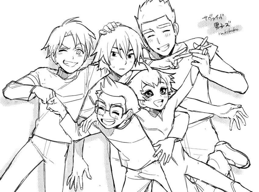 5boys, adam_(mujin_wakusei_survive), arm_over_shoulder, bell_(mujin_wakusei_survive), fist_bump, glasses, grin, hands_on_another's_head