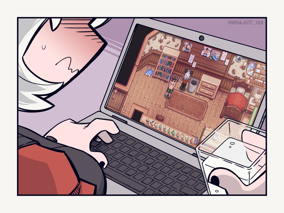 1girl, alcohol, black_nails, blush, computer, demon_girl, frown, game_screenshot, glass, helltaker, laptop, malina_(helltaker), sillyzer0, stardew_valley, vodka