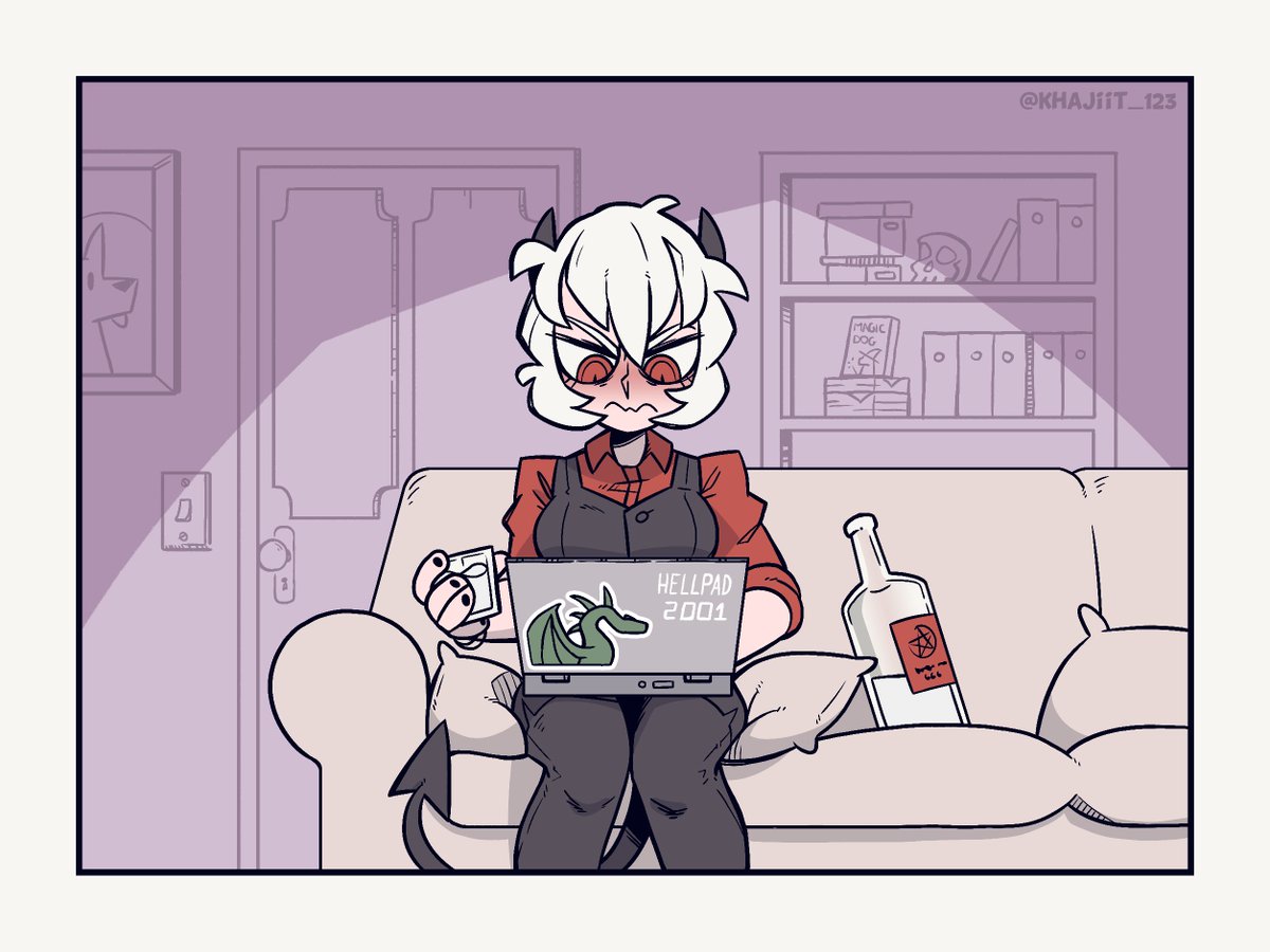 1girl, alcohol, black_pants, black_vest, class, computer, couch, demon_girl