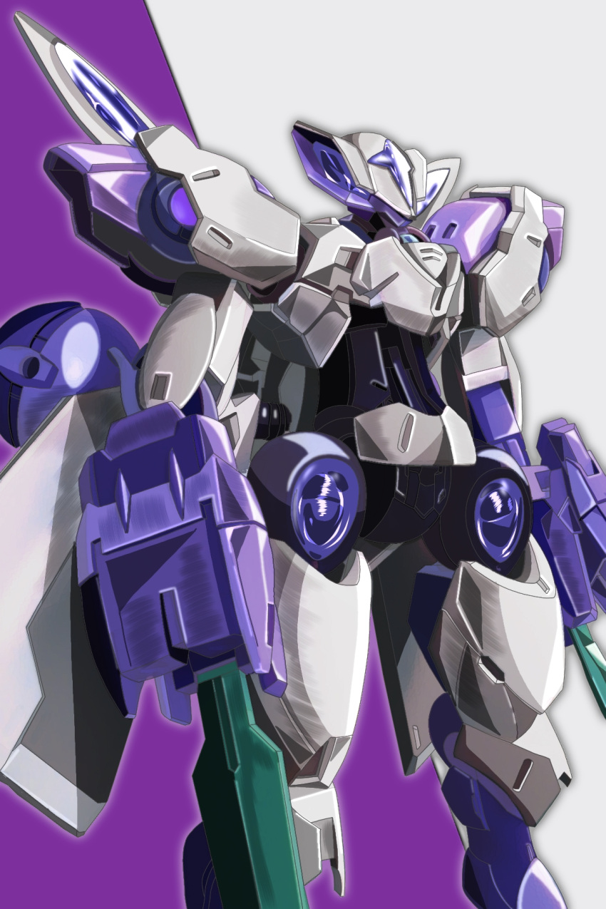 beguir-beu, gundam, gundam_suisei_no_majo, highres, looking_at_viewer, masalu_kai, mecha, mobile_suit, no_humans, robot, simple_background, solo, standing, two-tone_background, violet_eyes, weapon