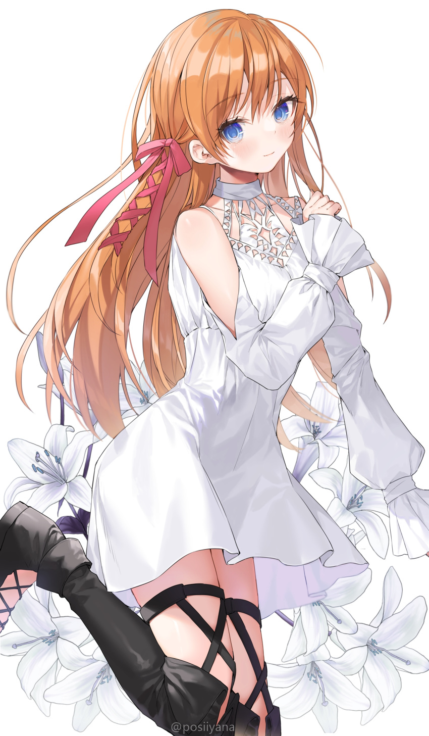 1girl, absurdres, bangs, bare_shoulders, blue_eyes, boots, dress, final_fantasy