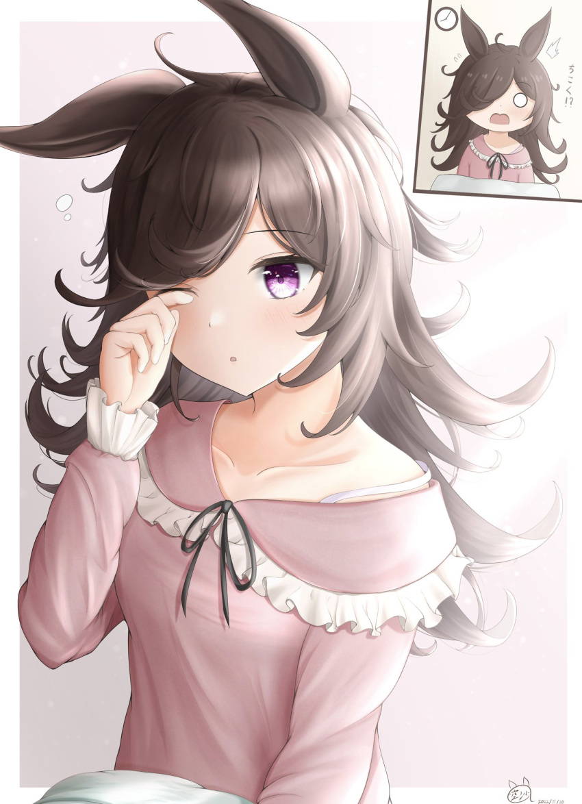 1girl, ^^^, animal_ears, artist_name, bra_strap, clock, commentary, dated
