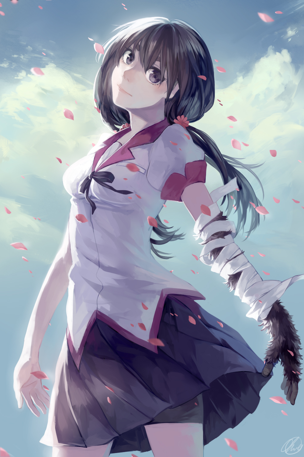 1girl, :|, artist_name, bandaged_arm, bandages, bangs, bike_shorts, black_eyes