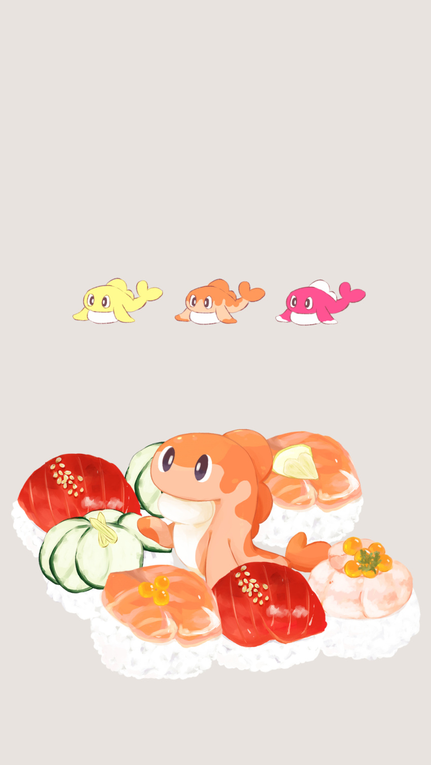 animal_focus, black_eyes, bright_pupils, chitan_(chitan4615), commentary_request, cucumber, cucumber_slice, fish, food, food_focus, fruit, full_body, grey_background, highres, in_food, lemon, lemon_slice, no_humans, pokemon, pokemon_(creature), rice, roe, sesame_seeds, simple_background, sushi, tatsugiri, tatsugiri_(curly), tatsugiri_(droopy), tatsugiri_(stretchy), white_pupils