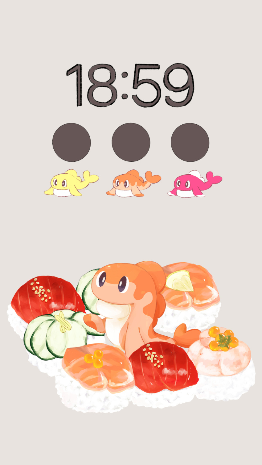 animal_focus, black_eyes, bright_pupils, chitan_(chitan4615), commentary_request, cucumber, cucumber_slice, fake_screenshot, fish, food, food_focus, fruit, full_body, grey_background, highres, in_food, lemon, lemon_slice, no_humans, pokemon, pokemon_(creature), rice, roe, sesame_seeds, simple_background, sushi, tatsugiri, tatsugiri_(curly), tatsugiri_(droopy), tatsugiri_(stretchy), timestamp, white_pupils