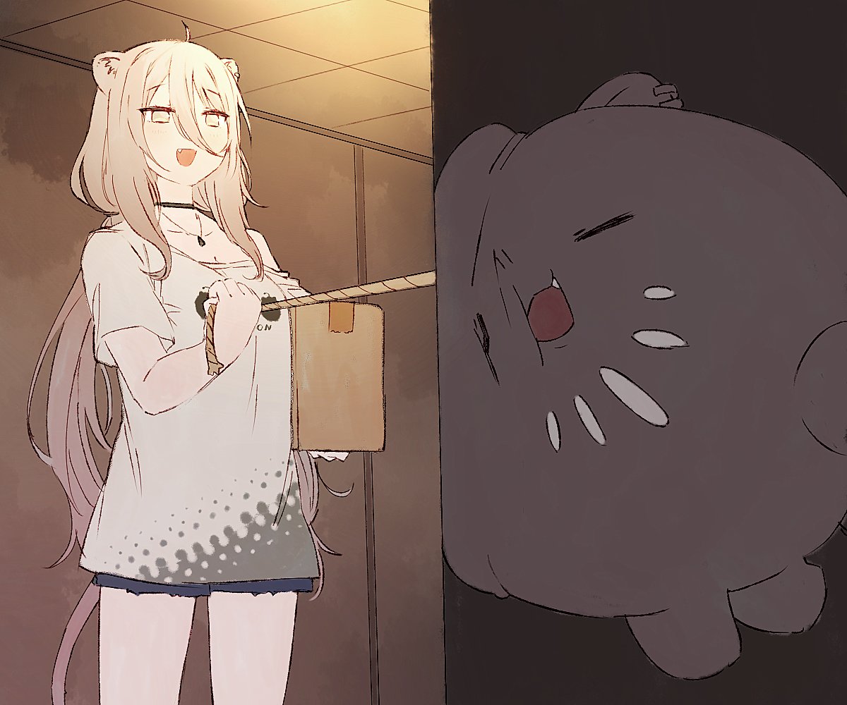 1girl, :d, ahoge, animal_ears, bangs, black_choker, black_shorts, blush