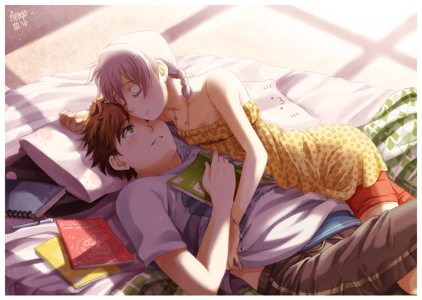 1boy, 1girl, bare_shoulders, bed, bob_(meago), closed_eyes, couple, emily_(meago)