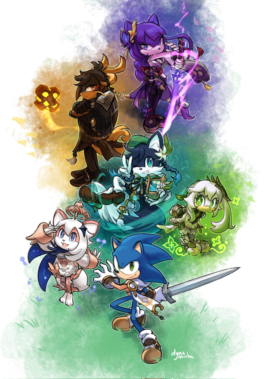 3boys, 3girls, animal_nose, black_hair, blue_eyes, braid, closed_mouth, crossover, dynamocha, full_body, furrification, furry, furry_female, furry_male, genshin_impact, gloves, green_eyes, grin, hair_ornament, highres, holding, holding_instrument, holding_sword, holding_weapon, instrument, lyre, mole, mole_under_eye, multiple_boys, multiple_girls, nahida_(genshin_impact), one_eye_closed, open_mouth, paimon_(genshin_impact), purple_hair, raiden_shogun, serious, shoes, smile, sonic_(series), sonic_frontiers, sonic_the_hedgehog, standing, sword, twin_braids, v, venti_(genshin_impact), weapon, white_gloves, white_hair, zhongli_(genshin_impact)