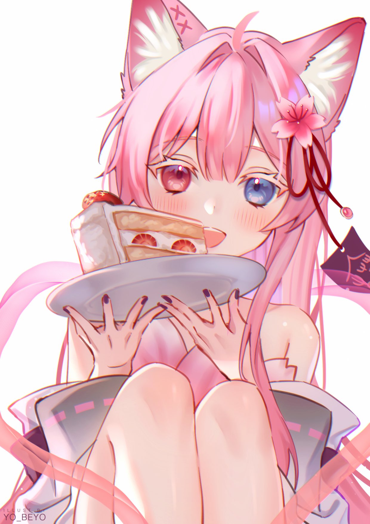 ahoge, animal_ear_fluff, animal_ears, bangs, bare_shoulders, beyo, blue_eyes, cherry_blossoms