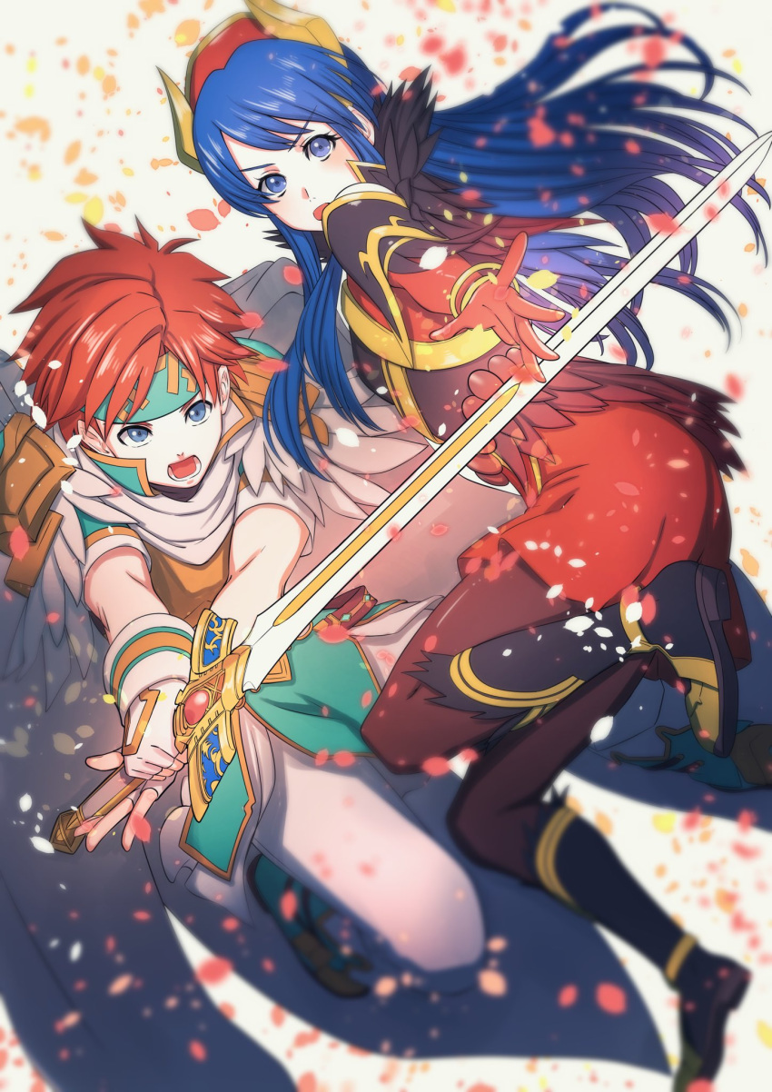1boy, 1girl, aduti_momoyama, aqua_headband, black_feathers, black_footwear, blue_eyes, blue_hair
