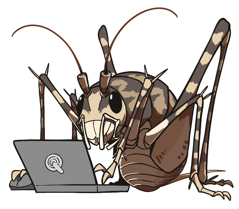 amerika_zarigani, antennae, bug, commentary_request, computer, cricket, full_body, laptop
