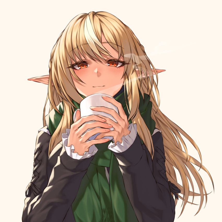 1girl, black_jacket, blonde_hair, ckhd, closed_mouth, cup, dark-skinned_female, dark_skin