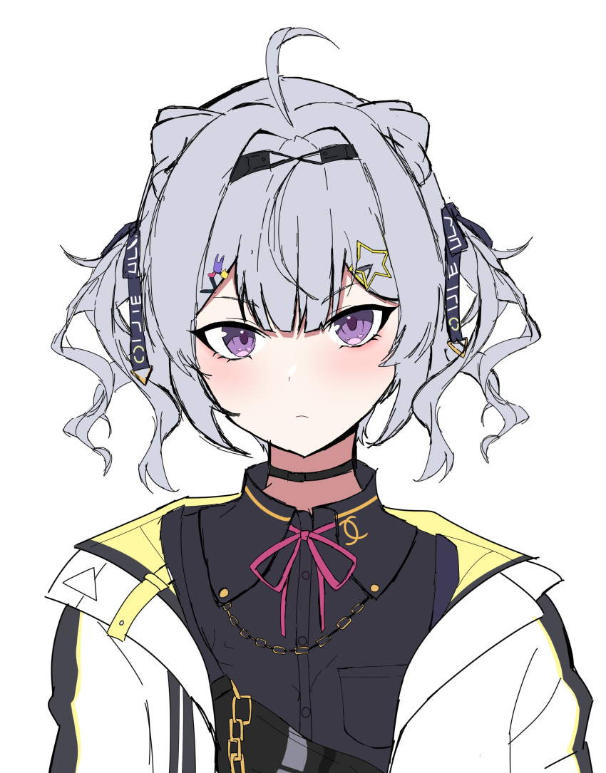 1girl, absurdres, bangs, black_shirt, chain, choker, cone_hair_bun, double_bun, grey_hair, hair_bun, hair_ornament, hairband, hairclip, highres, jacket, looking_at_viewer, medium_hair, mon_monn, nijisanji, nijisanji_en, open_clothes, open_jacket, pink_ribbon, ribbon, shirt, solo, star_(symbol), violet_eyes, virtual_youtuber, white_background, white_jacket, zaion_lanza