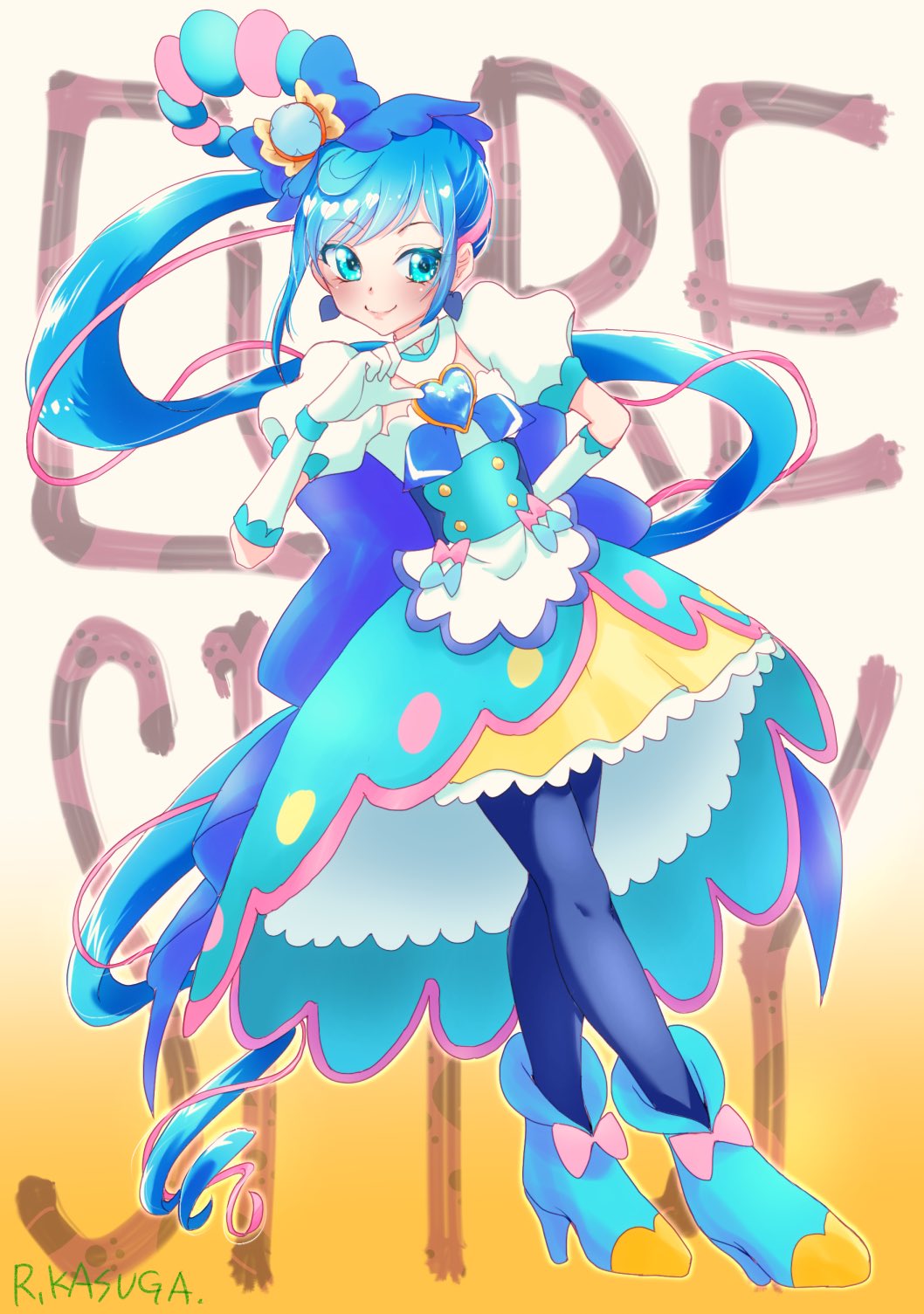 1girl, apron, artist_name, blue_eyes, blue_hair, blue_pantyhose, brooch, character_name, cure_spicy, delicious_party_precure, dress, earrings, elbow_gloves, full_body, fuwa_kokone, gloves, gradient, gradient_background, heart_brooch, highres, huge_bow, jewelry, kasuga_rurito, long_hair, magical_girl, pantyhose, precure, short_sleeves, signature, smile, solo, very_long_hair, white_gloves, yellow_background