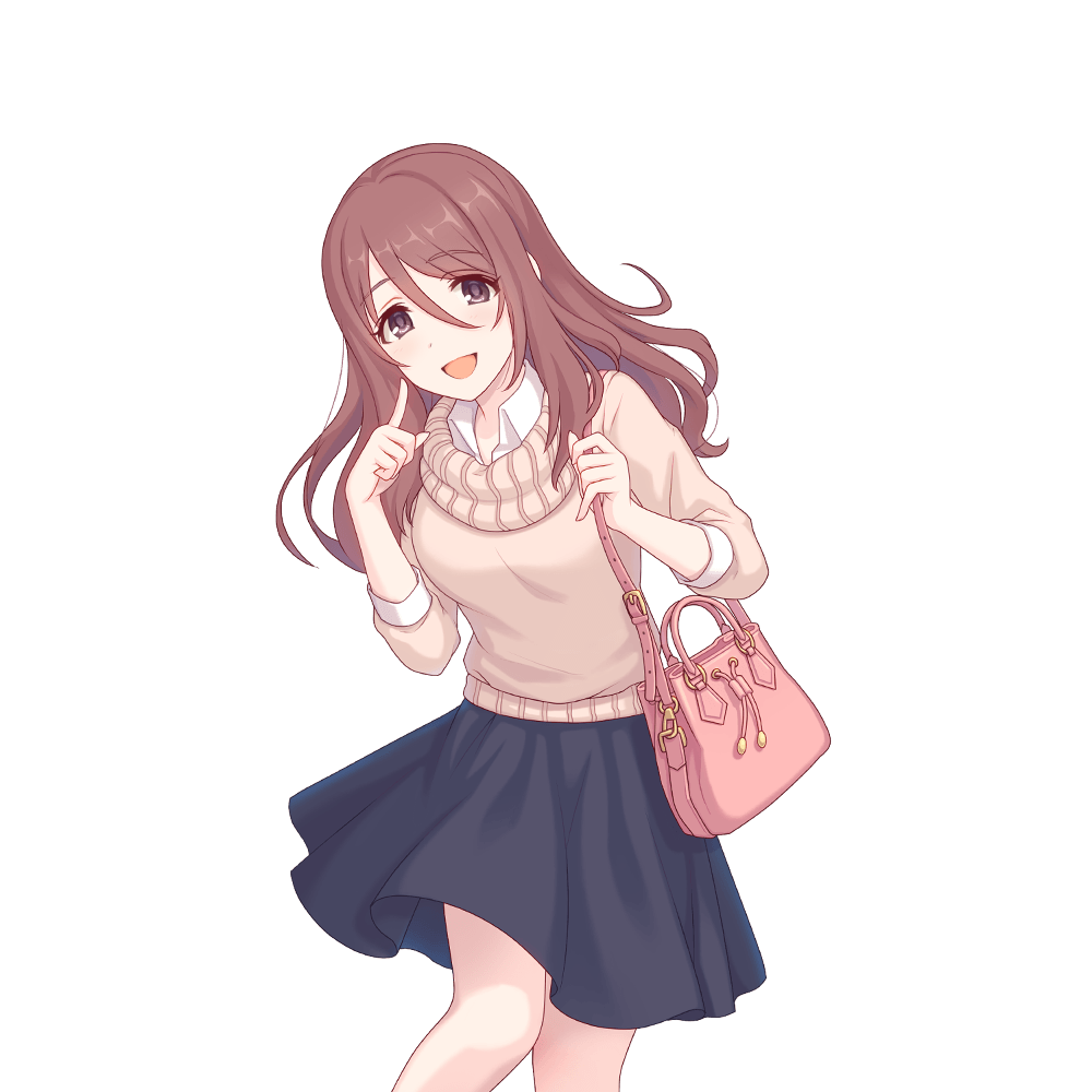 bag, black_eyes, black_skirt, brown_hair, brown_sweater, long_hair, looking_at_viewer, official_art