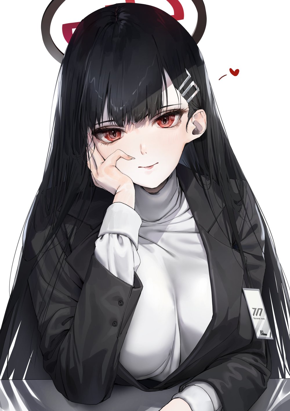 1girl, black_hair, black_suit, blue_archive, formal, hair_ornament, hairclip, halo