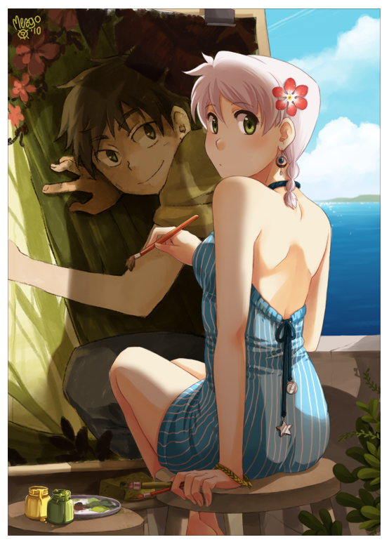 back, bare_back, bare_shoulders, barefoot, bob_(meago), drawing, dress, emily_(meago)