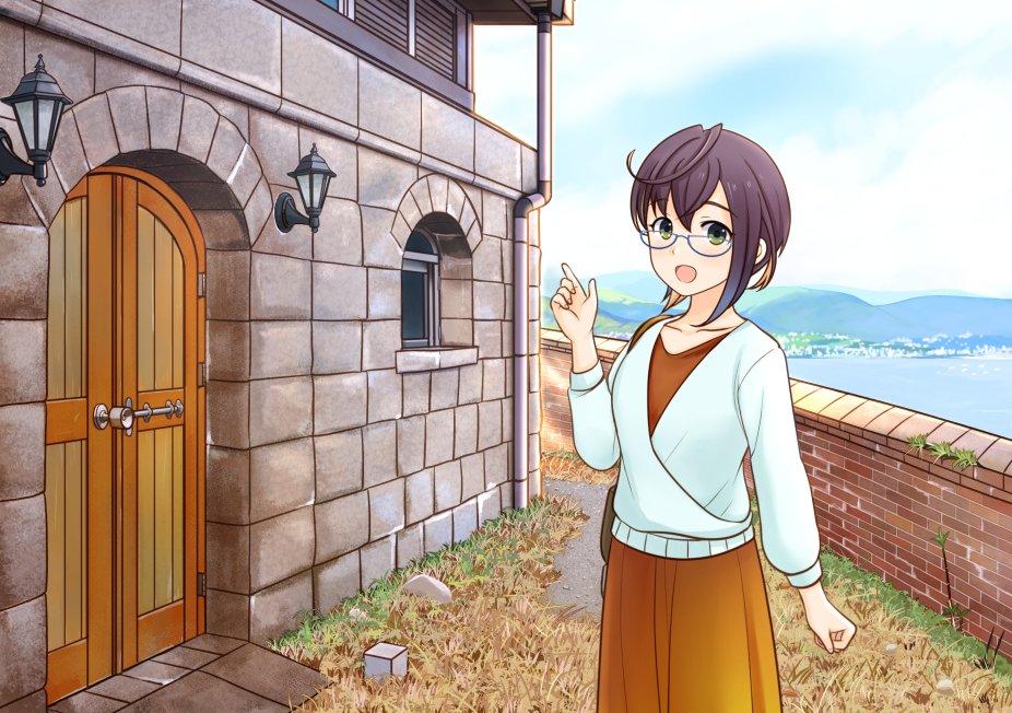1girl, asymmetrical_hair, bag, brick, building, commentary_request, day, dress