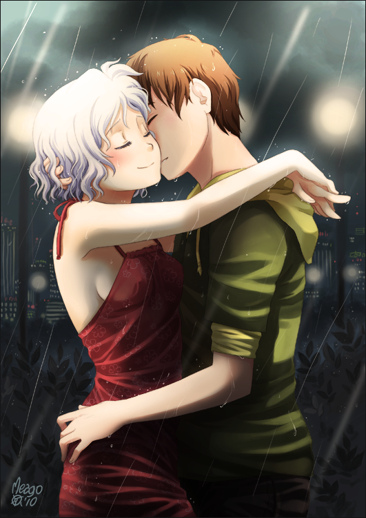 1boy, 1girl, bob_(meago), closed_eyes, couple, dress, emily_(meago), face