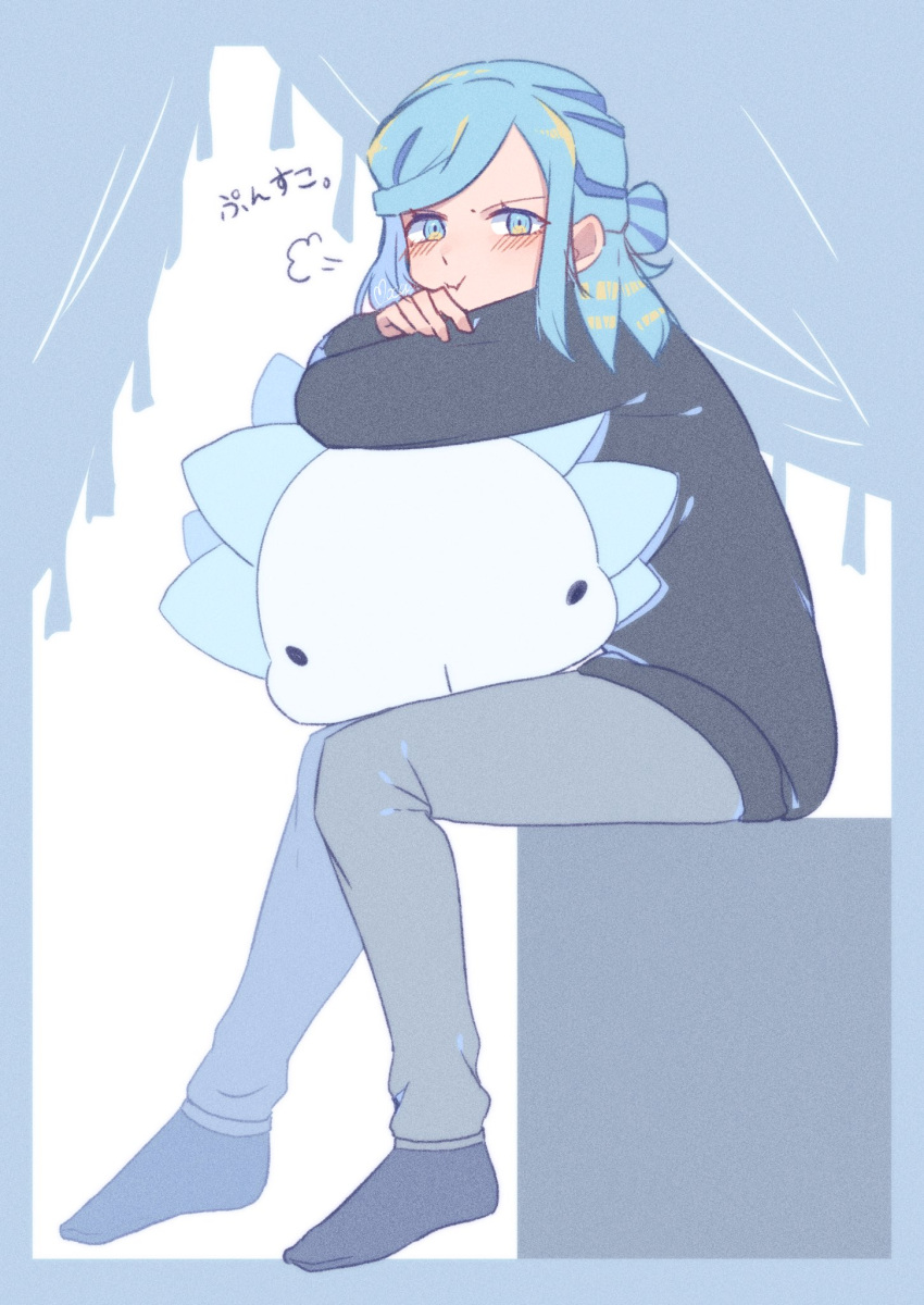 1boy, :i, =3, black_shirt, black_socks, blue_eyes, blue_hair, blush