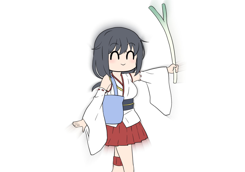 1girl, bag, bangs, bare_shoulders, black_hair, character_request, copyright_request, food, fujita_saki, happy, hatsune_miku, highres, holding, holding_food, holding_spring_onion, holding_vegetable, japanese_clothes, jashin-chan_dropkick, kantai_collection, kuroyaki_soba, medium_hair, meme, miko, neta, nontraditional_miko, red_skirt, ribbon-trimmed_sleeves, ribbon_trim, shoulder_bag, simple_background, skirt, smile, spring_onion, thigh_strap, thighs, vegetable, vocaloid, voice_actor_connection, white_background, yamashiro_(kancolle)
